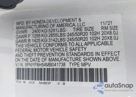 2021 Honda Passport Awd Ex-L z USA, uszkodzony, nr VIN 5FNYF8H54MB041738